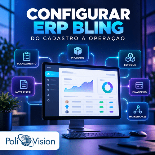 Painel ilustrativo com planejamento, produtos, estoque, nota fiscal, financeiro e marketplaces na configuração do ERP Bling