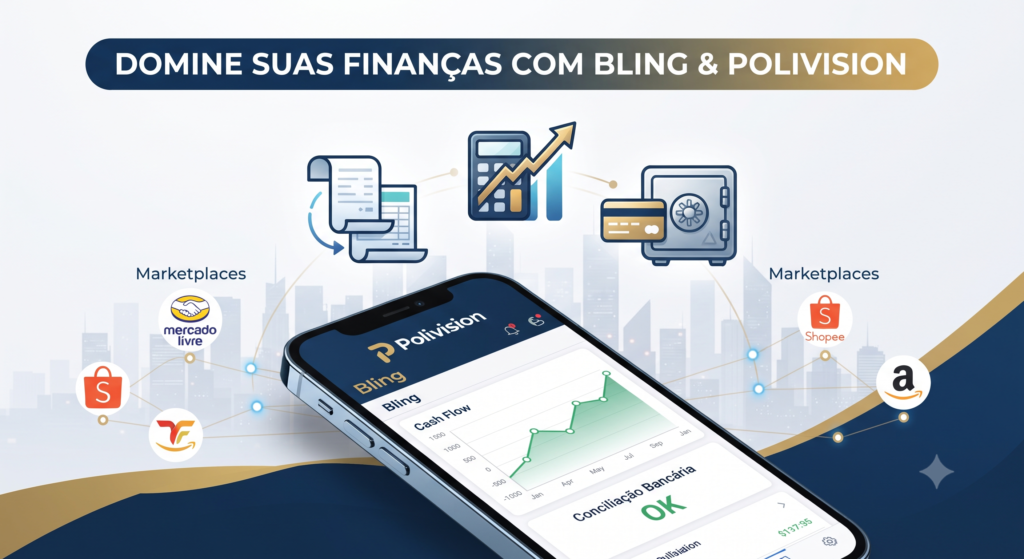 Uma ilustração gráfica profissional em tons de azul, dourado e branco, com o título "DOMINE SUAS FINANÇAS COM BLING & POLIVISION". Em primeiro plano, um smartphone exibe o painel do Bling com um gráfico de fluxo de caixa positivo e o status de conciliação bancária como "OK". Ícones flutuantes representam a automação de tarefas financeiras, conectando-se a logotipos sutis de marketplaces ao fundo.