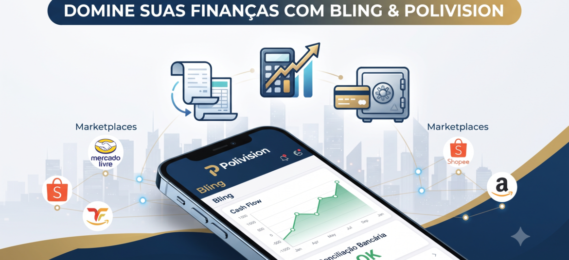 Uma ilustração gráfica profissional em tons de azul, dourado e branco, com o título "DOMINE SUAS FINANÇAS COM BLING & POLIVISION". Em primeiro plano, um smartphone exibe o painel do Bling com um gráfico de fluxo de caixa positivo e o status de conciliação bancária como "OK". Ícones flutuantes representam a automação de tarefas financeiras, conectando-se a logotipos sutis de marketplaces ao fundo.