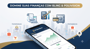 Uma ilustração gráfica profissional em tons de azul, dourado e branco, com o título "DOMINE SUAS FINANÇAS COM BLING & POLIVISION". Em primeiro plano, um smartphone exibe o painel do Bling com um gráfico de fluxo de caixa positivo e o status de conciliação bancária como "OK". Ícones flutuantes representam a automação de tarefas financeiras, conectando-se a logotipos sutis de marketplaces ao fundo.