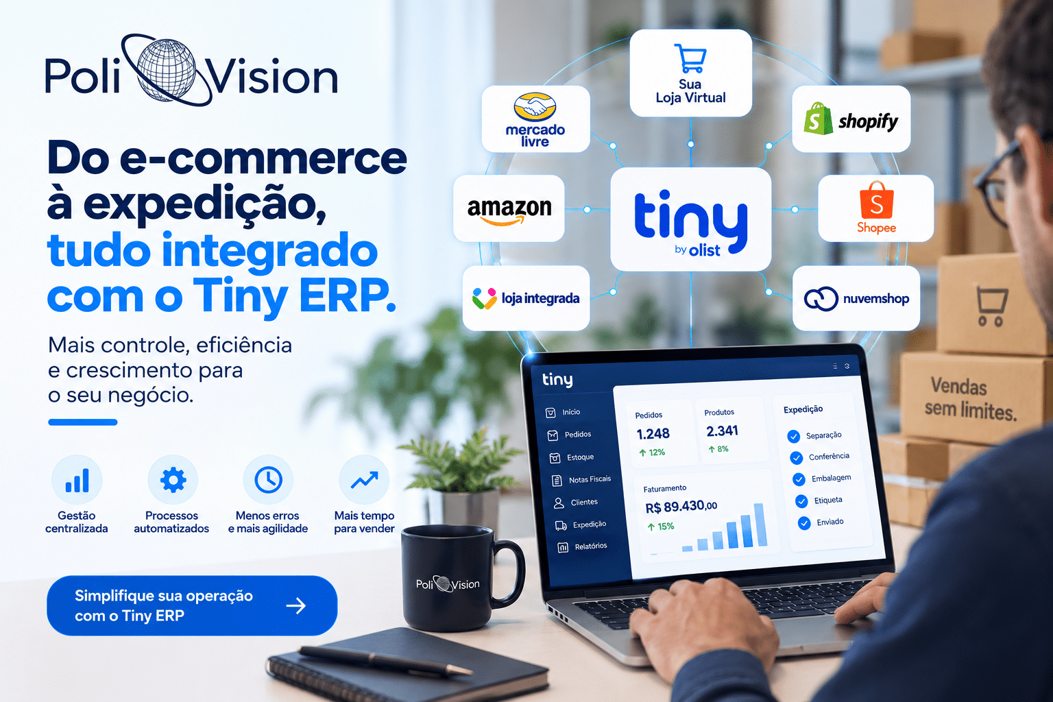 Gestão de pedidos, estoque e marketplaces integrada ao Tiny ERP
