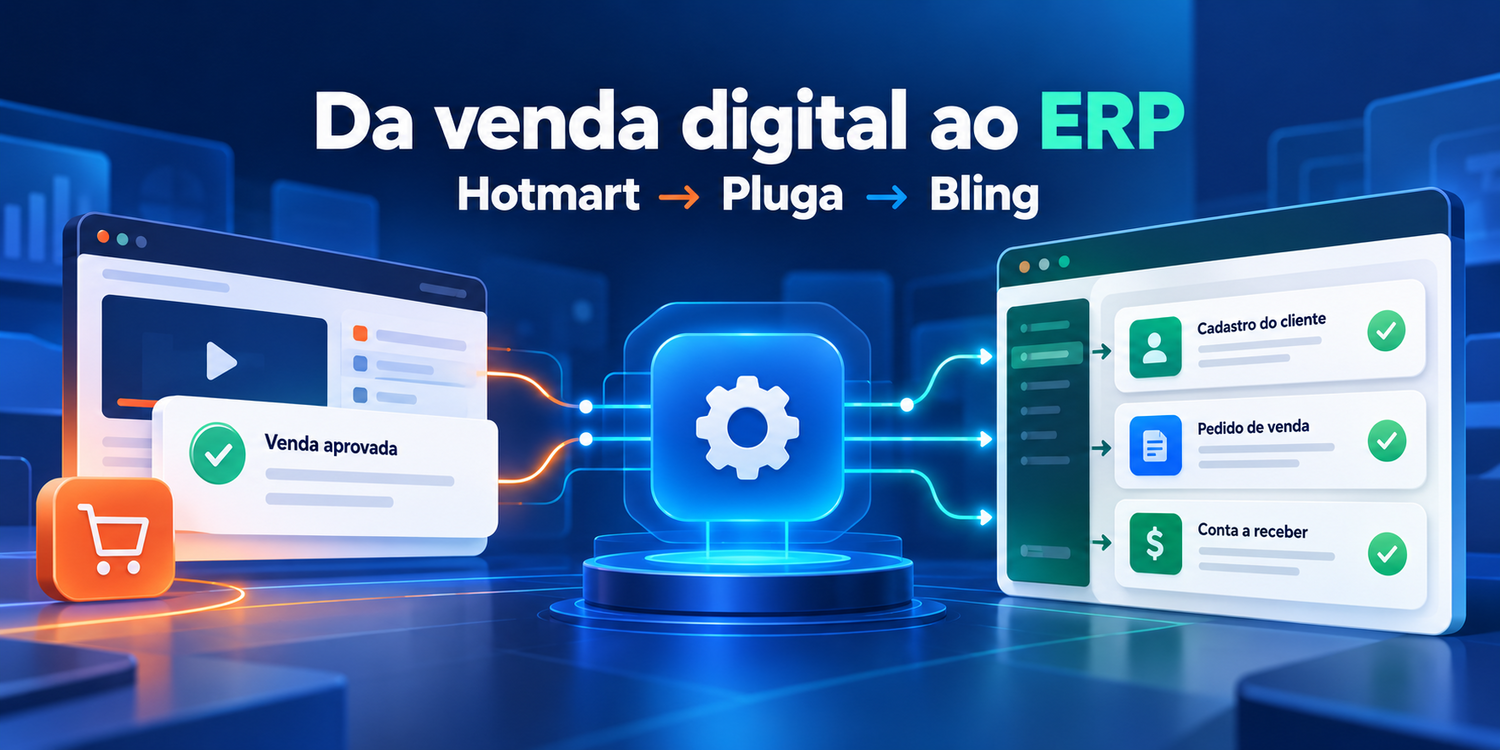 Fluxo de automação Hotmart, Pluga e Bling Fluxo da venda aprovada na Hotmart até o cadastro, pedido e conta a receber no Bling