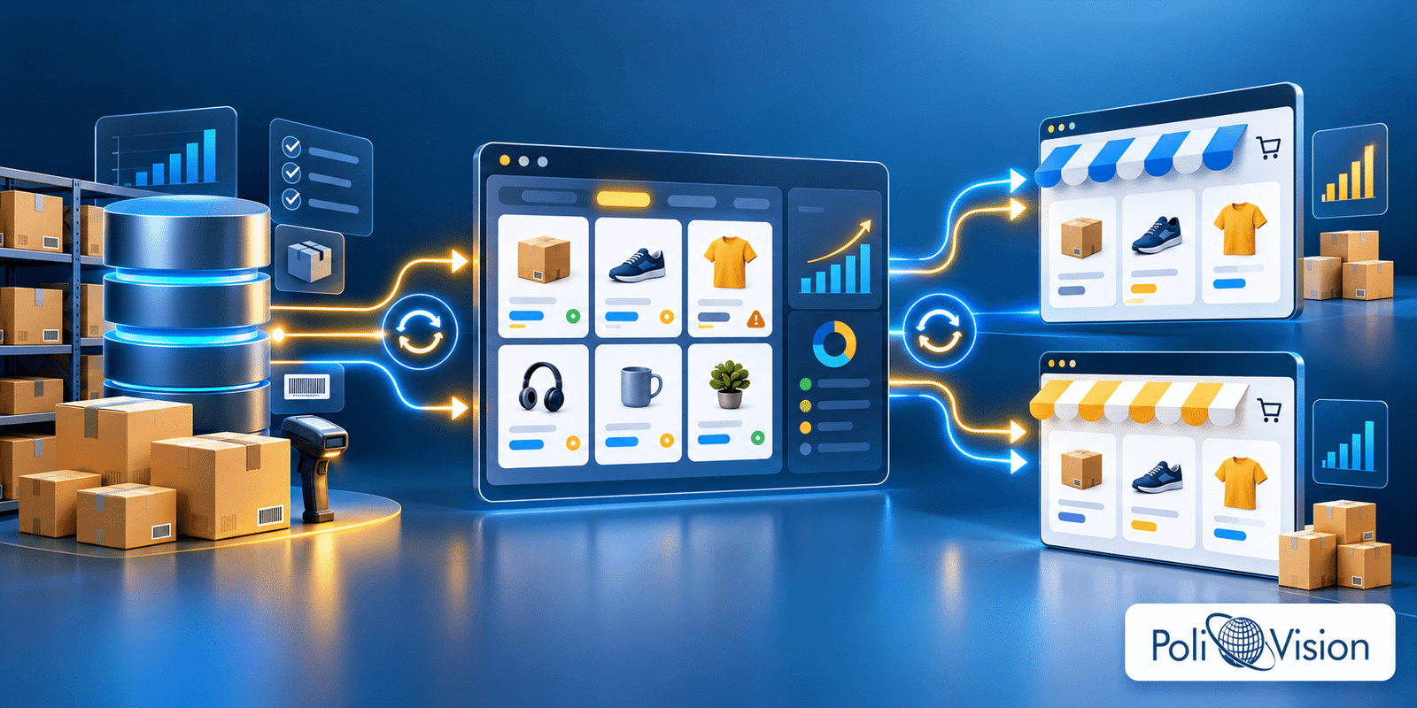 Fluxo conceitual entre ERP, Hub da Olist e anúncios publicados em marketplaces