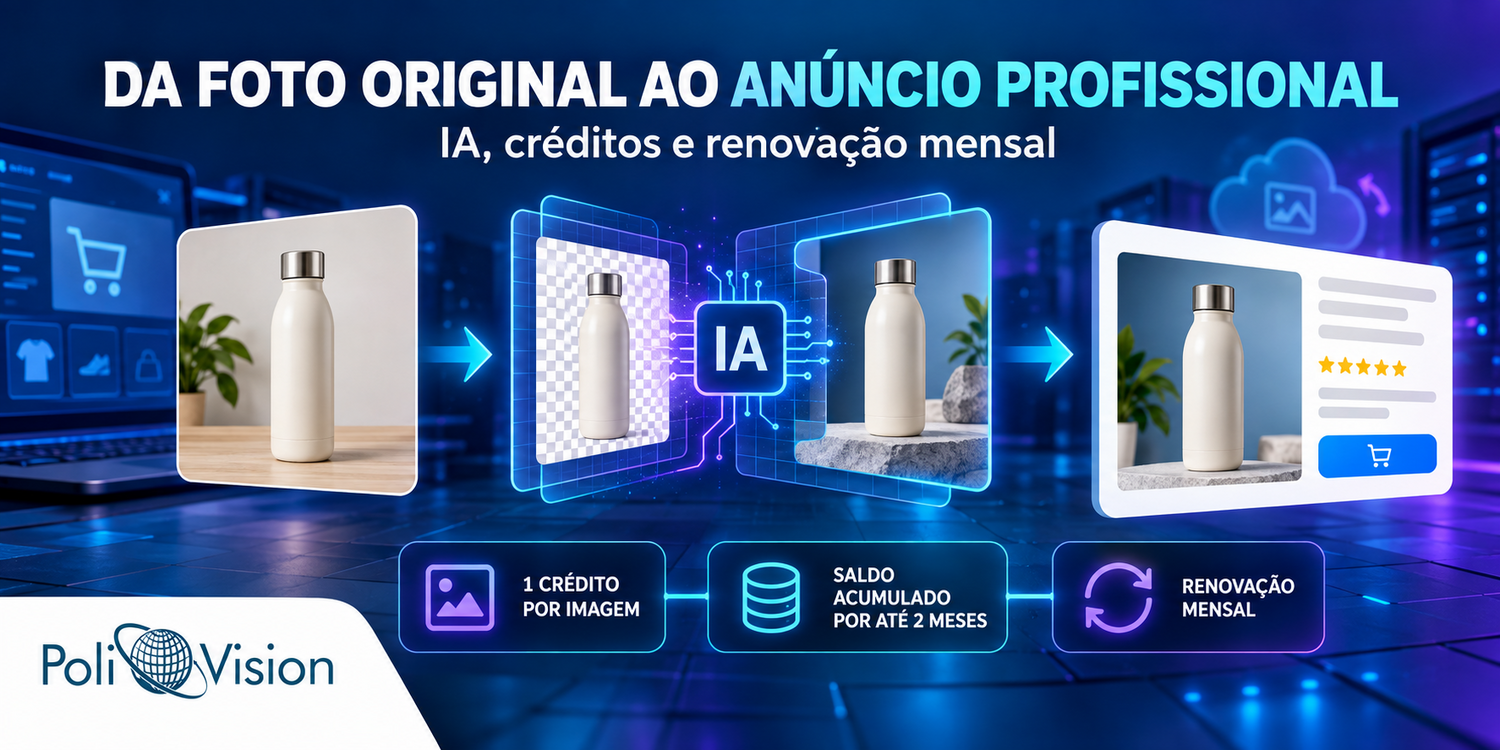 Fluxo de tratamento de imagem com IA, consumo de crédito e renovação mensal no Bling