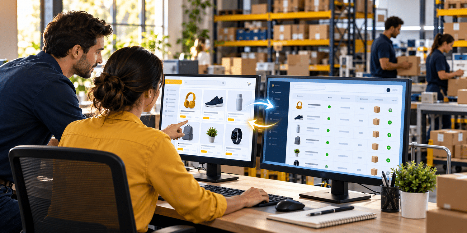 Equipe de e-commerce acompanhando a sincronização de anúncios e produtos entre marketplace e ERP.