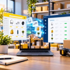 Representação da importação automática de anúncios de um marketplace para o catálogo do Bling ERP.