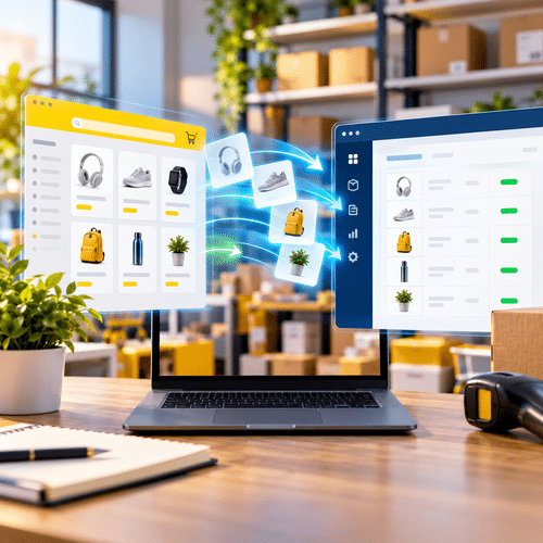 Representação da importação automática de anúncios de um marketplace para o catálogo do Bling ERP.