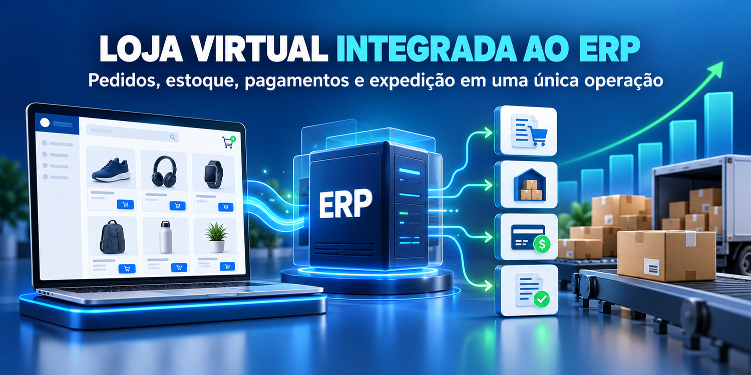 Fluxo integrado entre loja virtual, ERP, pagamentos, estoque e expedição