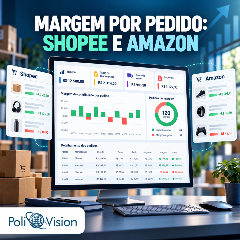 Painel ilustrativo do Dashboard de Margem por Pedido do Bling com vendas da Shopee e Amazon