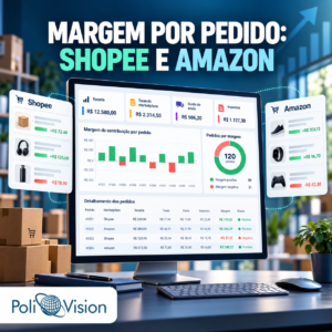 Painel ilustrativo do Dashboard de Margem por Pedido do Bling com vendas da Shopee e Amazon