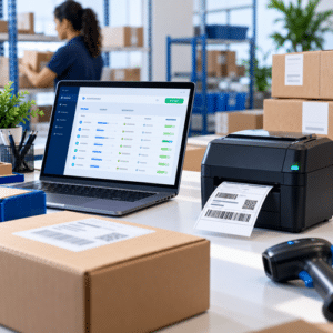 Notebook com sistema ERP conectado a uma impressora térmica em uma operação de e-commerce.