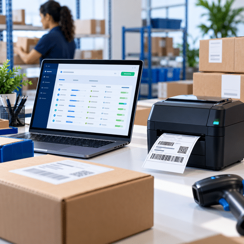 Notebook com sistema ERP conectado a uma impressora térmica em uma operação de e-commerce.