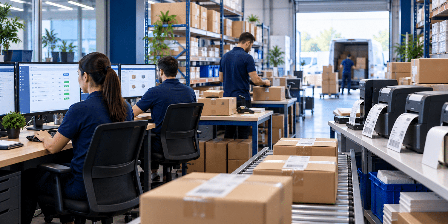 Centro de expedição com computadores, caixas e impressoras térmicas integradas ao ERP.