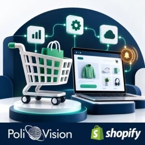 Carrinho de compras e notebook ilustrando atualizações do carrinho Shopify