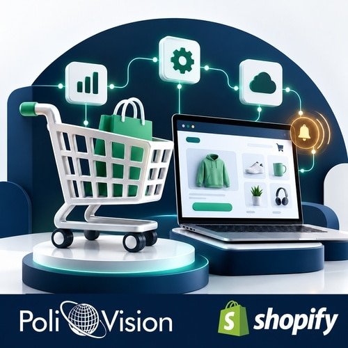 Carrinho de compras e notebook ilustrando atualizações do carrinho Shopify