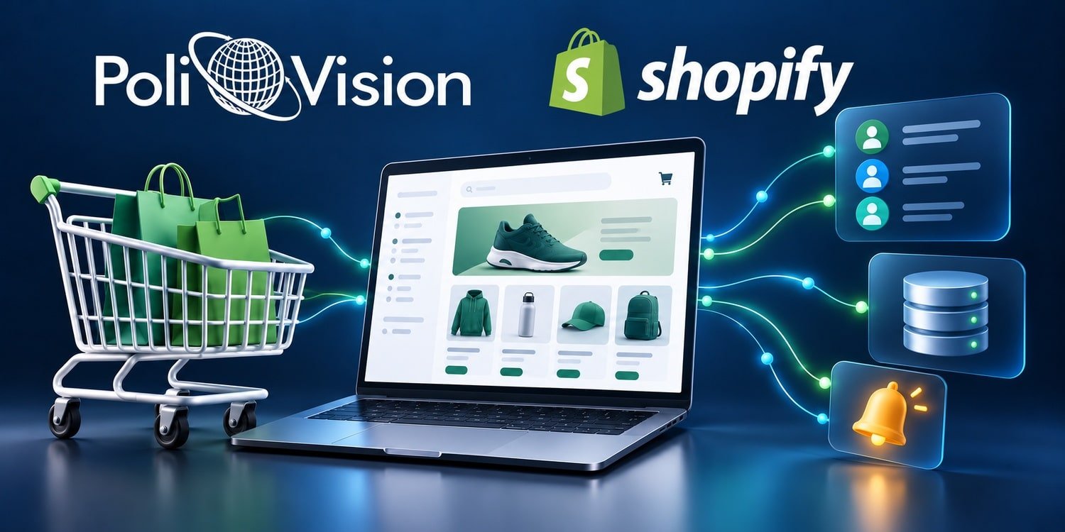 Loja virtual conectada a ferramentas de CRM e ERP, ilustrando integrações com Shopify
